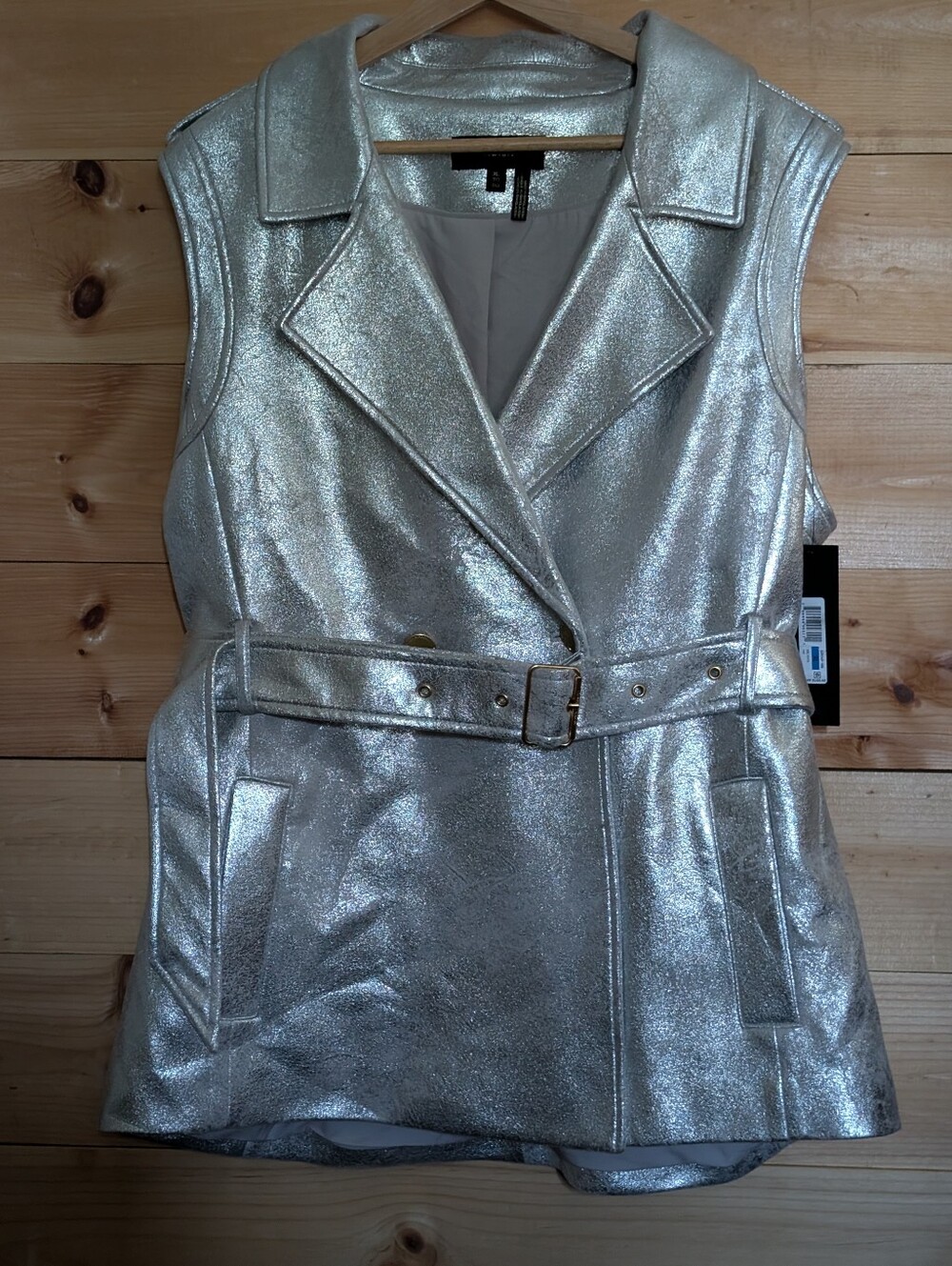 Donna Karan Sleeveless Metallic Silver Belted Vest , XL *NWT - Picture 4 of 7